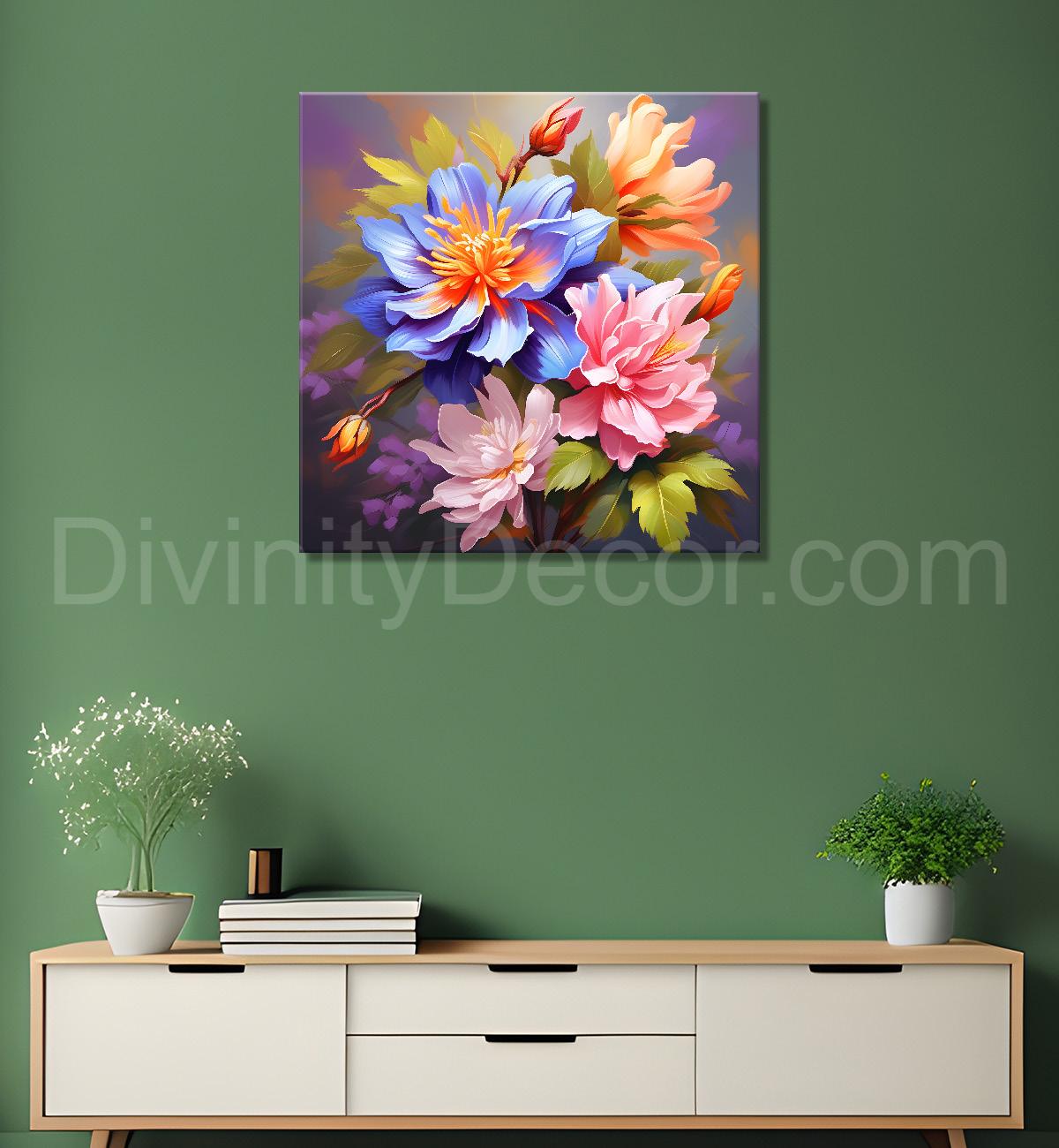 Pink and orange flowers in grey textured painting - Flower-S-116