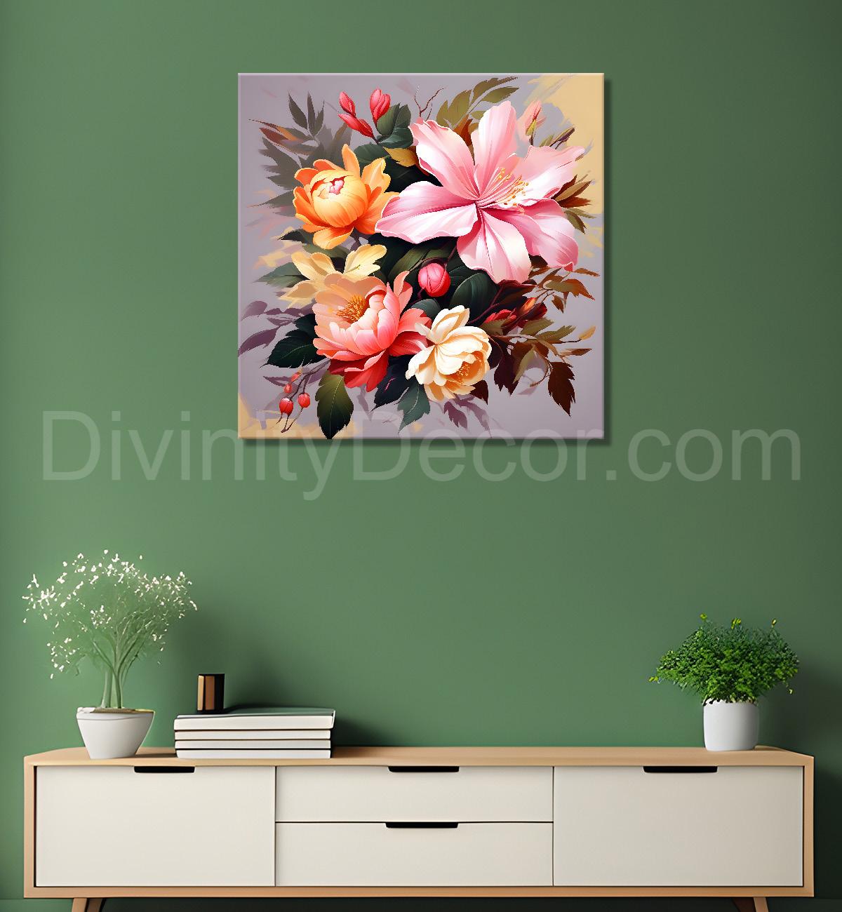 Purple and peach flowers in light background textured paitning - Flower-S-117