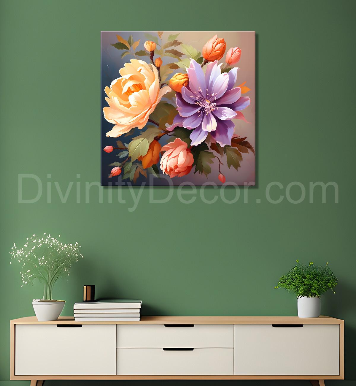 Purple and peach flowers in light background textured paitning - Flower-S-118