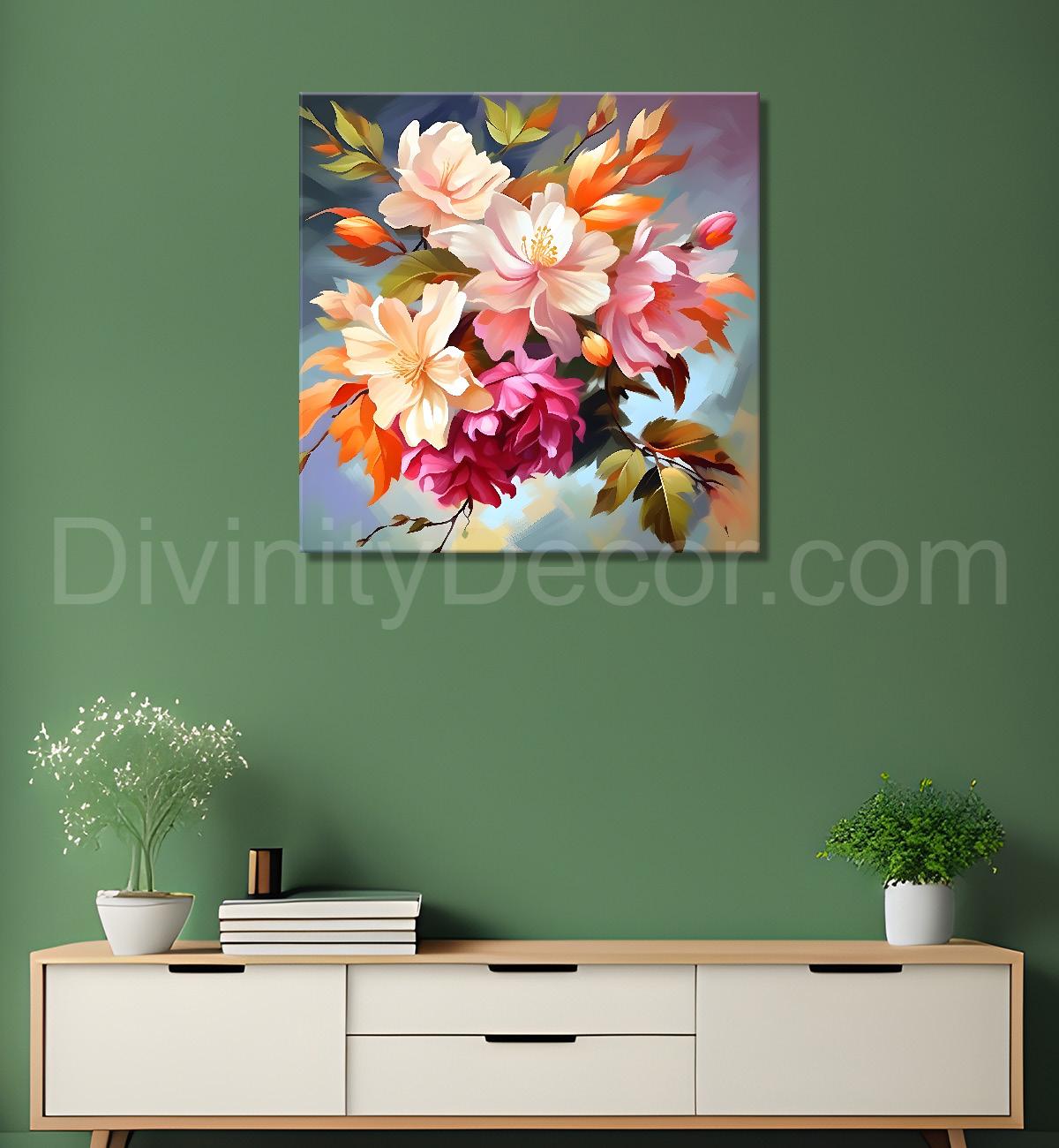 Pink flowers in blue background textured painting - Flower-S-121