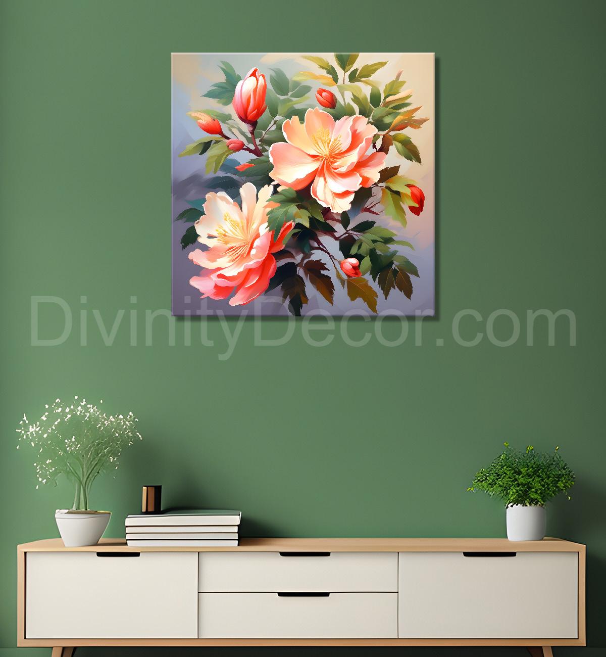 Pink flowers in grey background textured painting - Flower-S-122