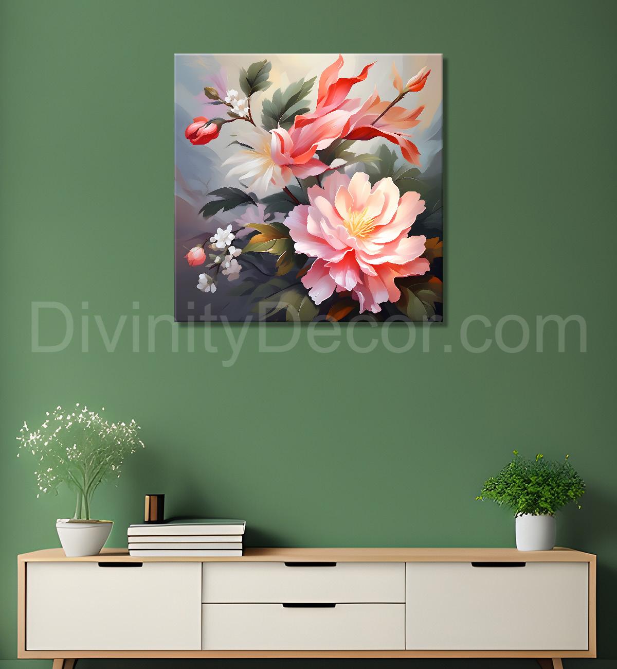 Pink flowers in grey background textured painting - Flower-S-123