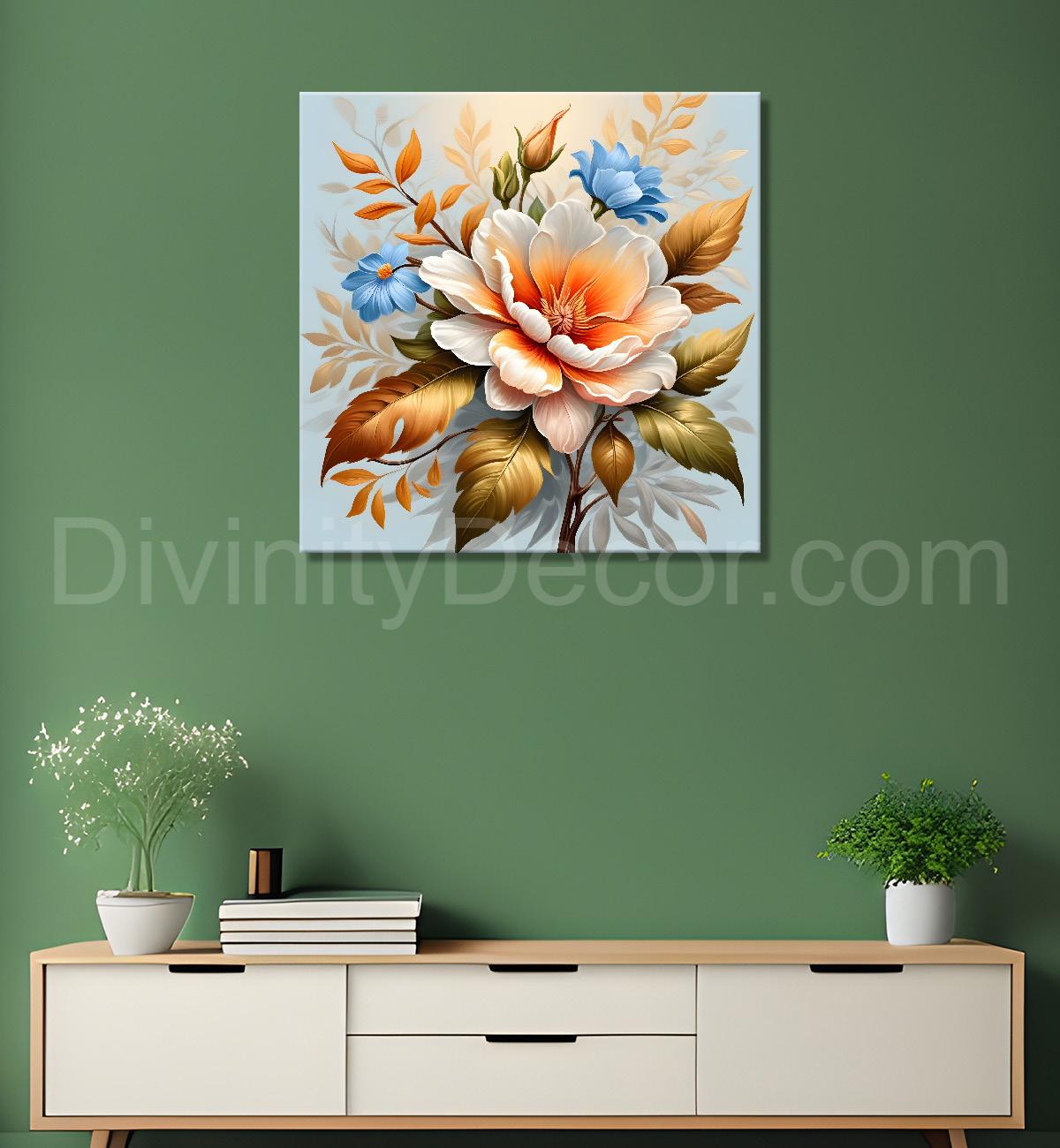 White flower in sky blue textued painting - Flower-S-124