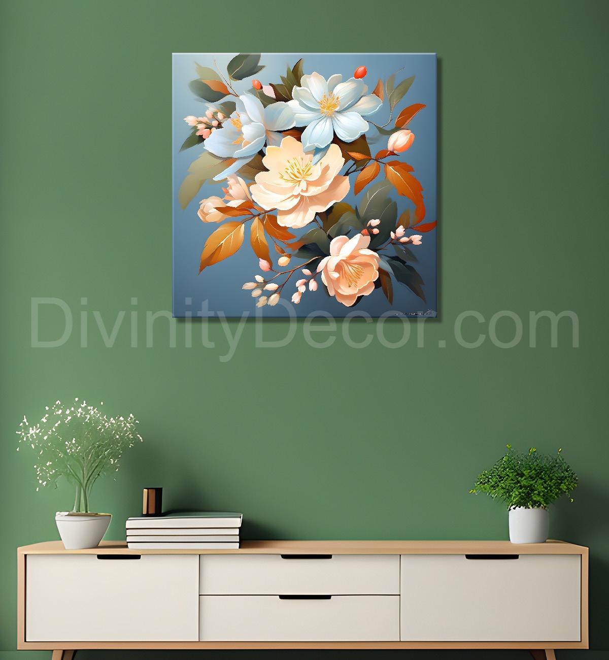 White flowers in sky blue textued painting - Flower-S-127