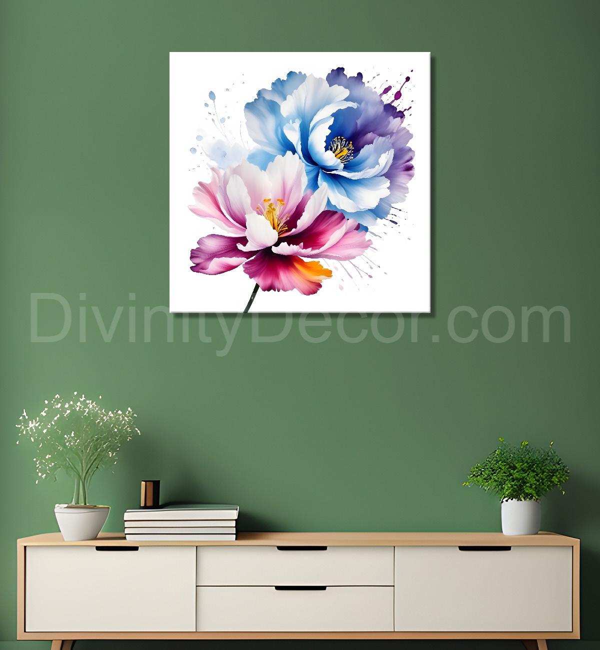 Pink and blue flower water colour painting - Flower-S-136