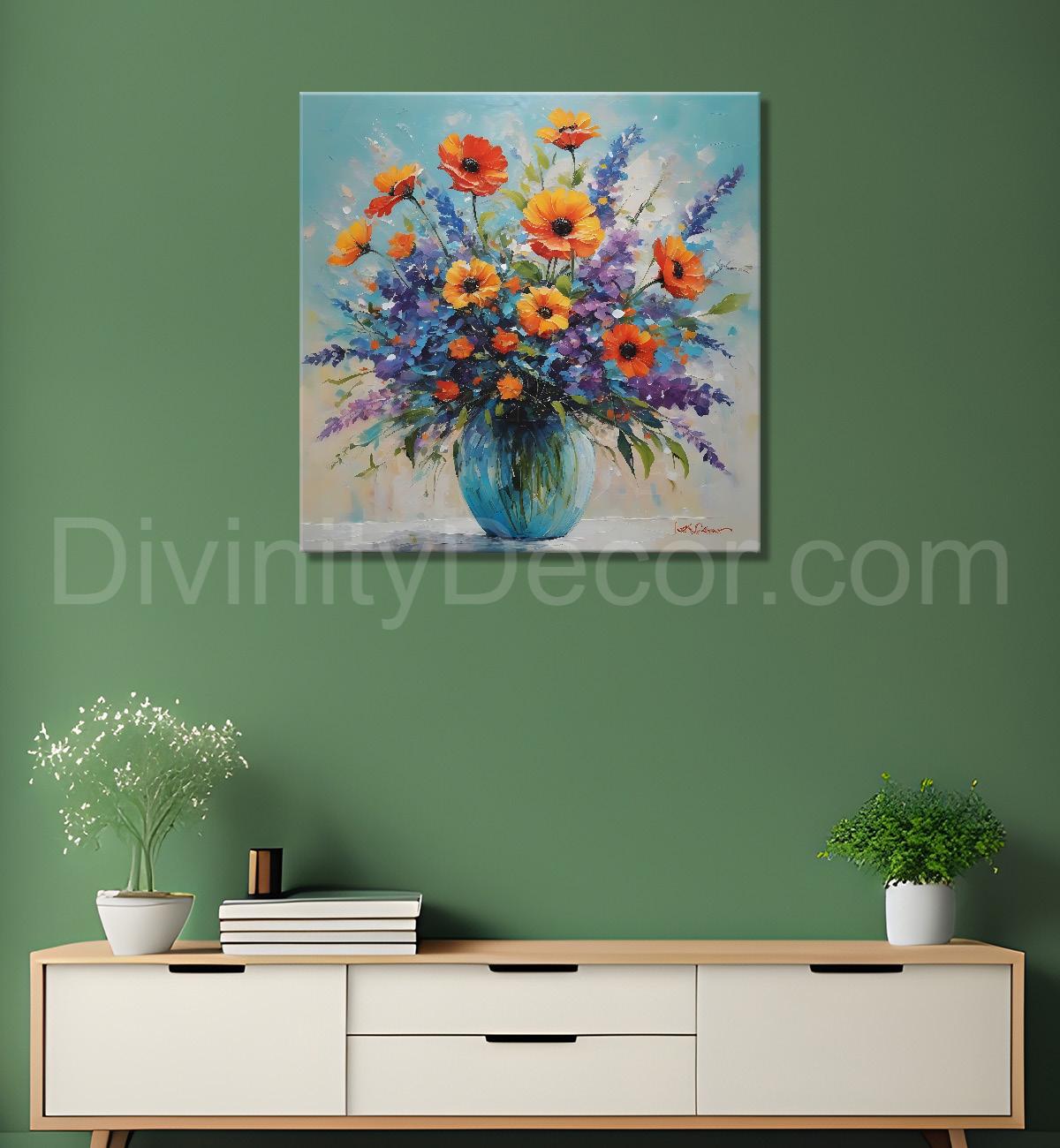 Colourful flowers in a vas in blue textured painting - Flower-S-147