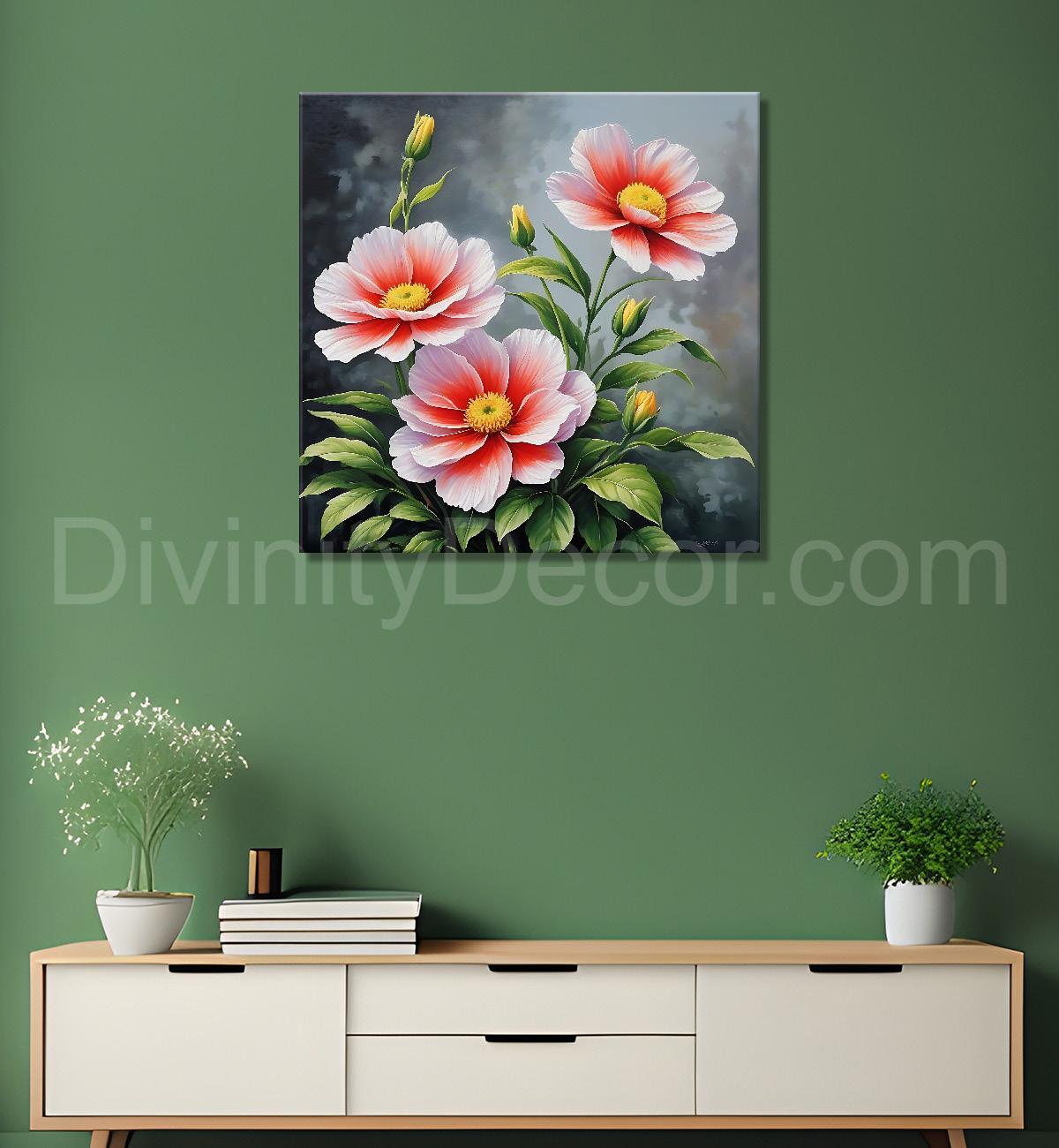 Pink flowers in grey background textured painting - Flower-S-148