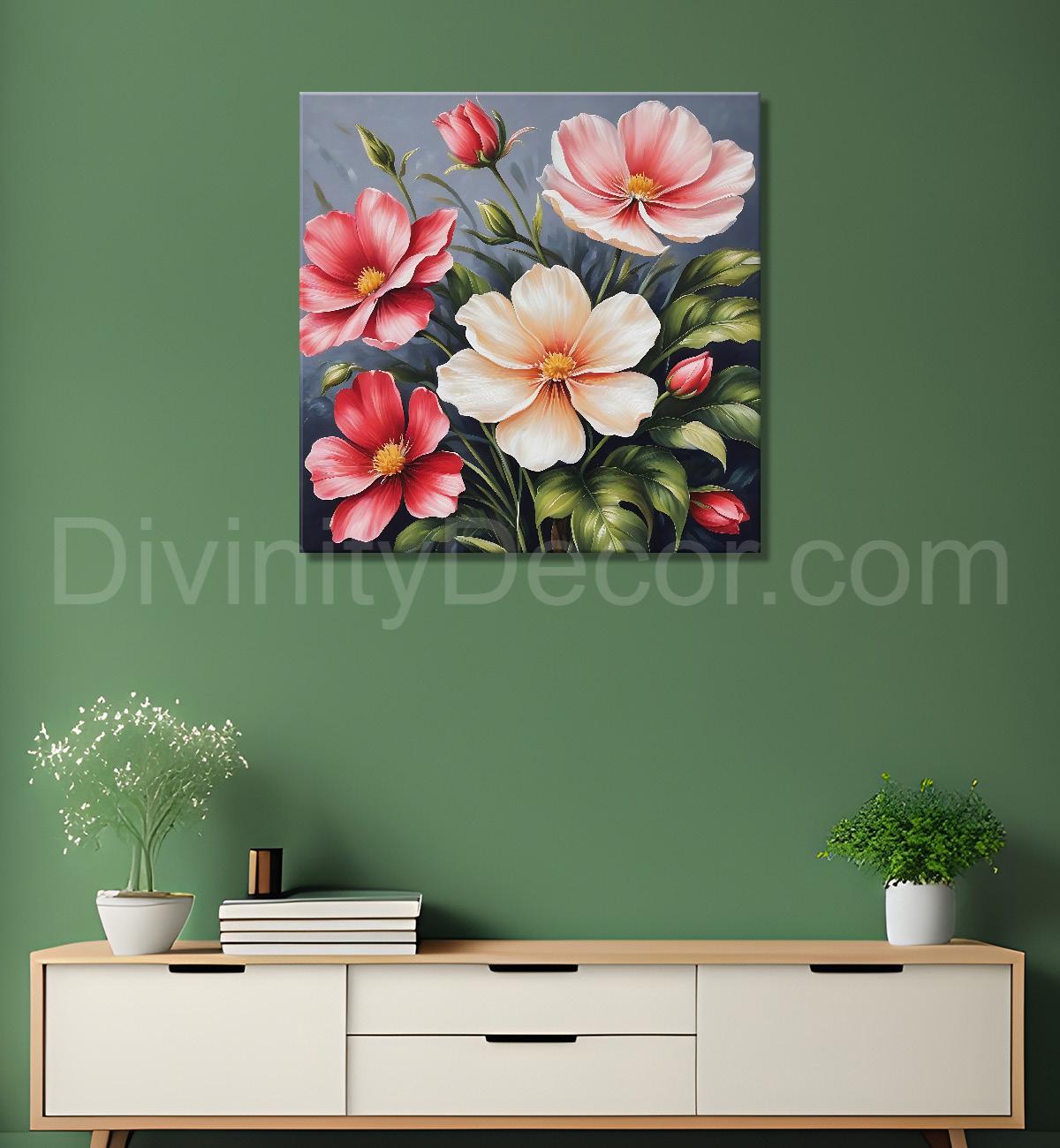 White and pink flowers in grey textured painting - Flower-S-150