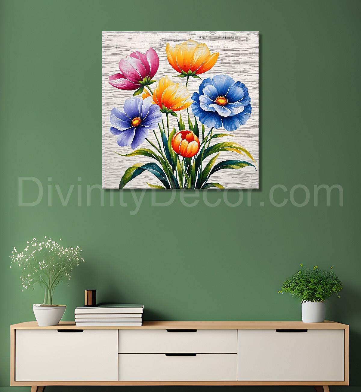 Colourful  flowers in grey textured painting - Flower-S-151