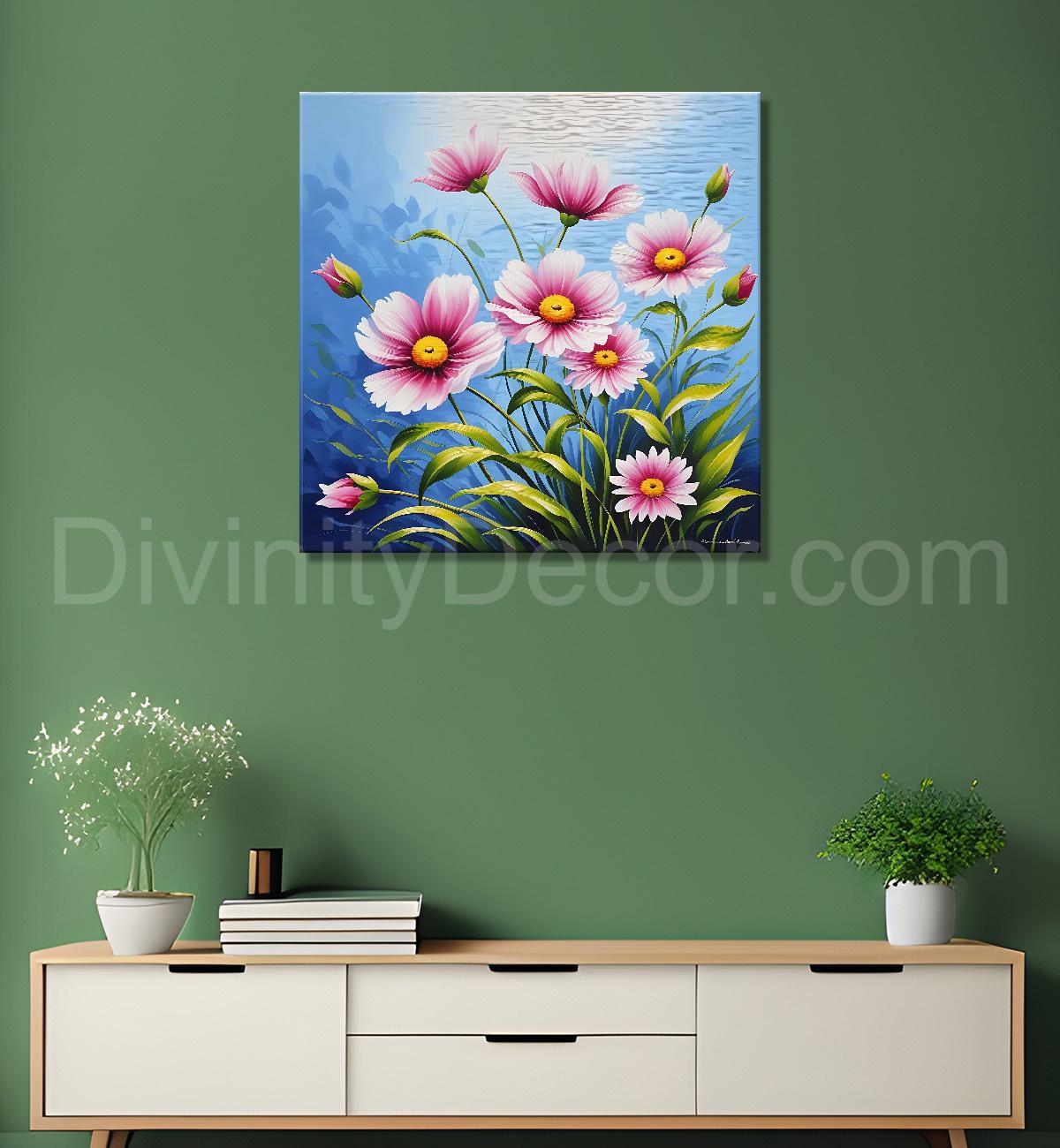 Pink flowers in blue background textured painting - Flower-S-153