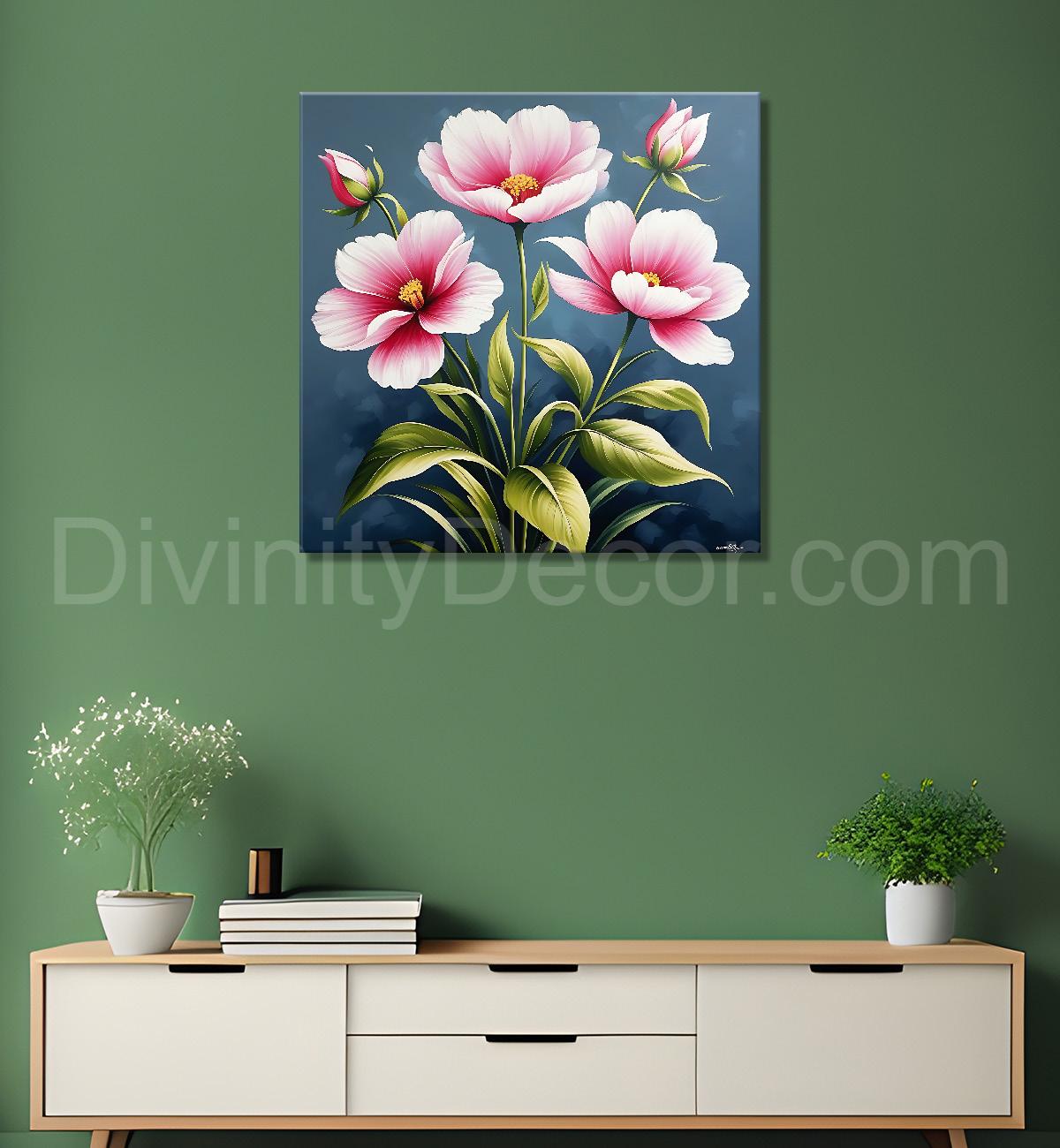 Pink flowers in grey background textured painting - Flower-S-154