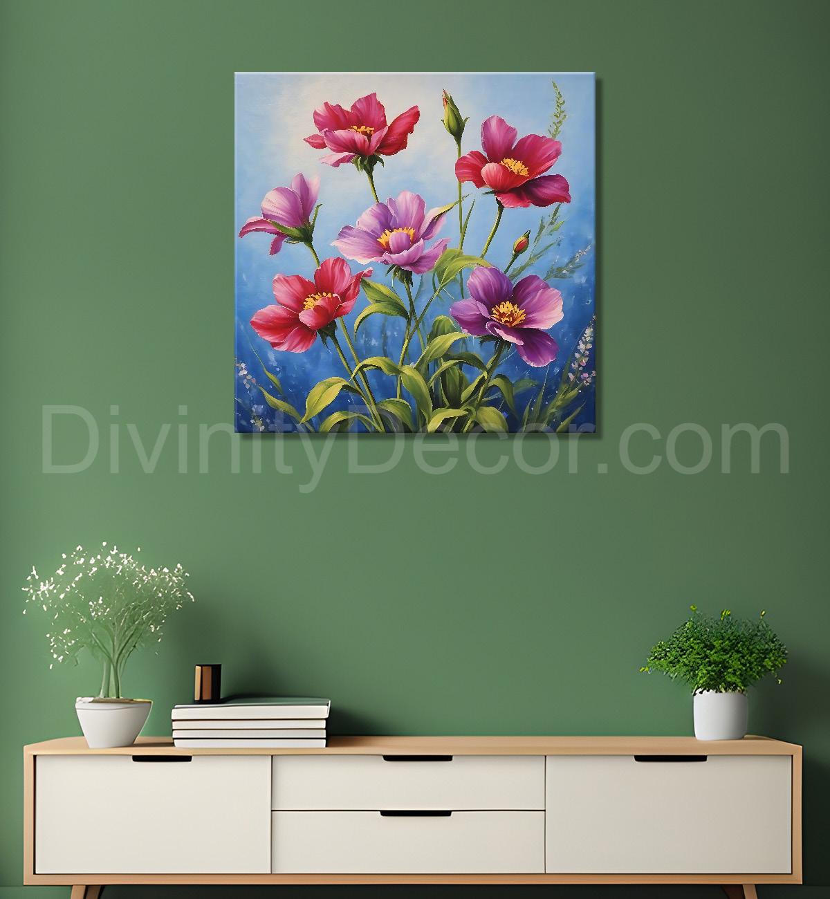 Pink flowers in blue background textured painting - Flower-S-155