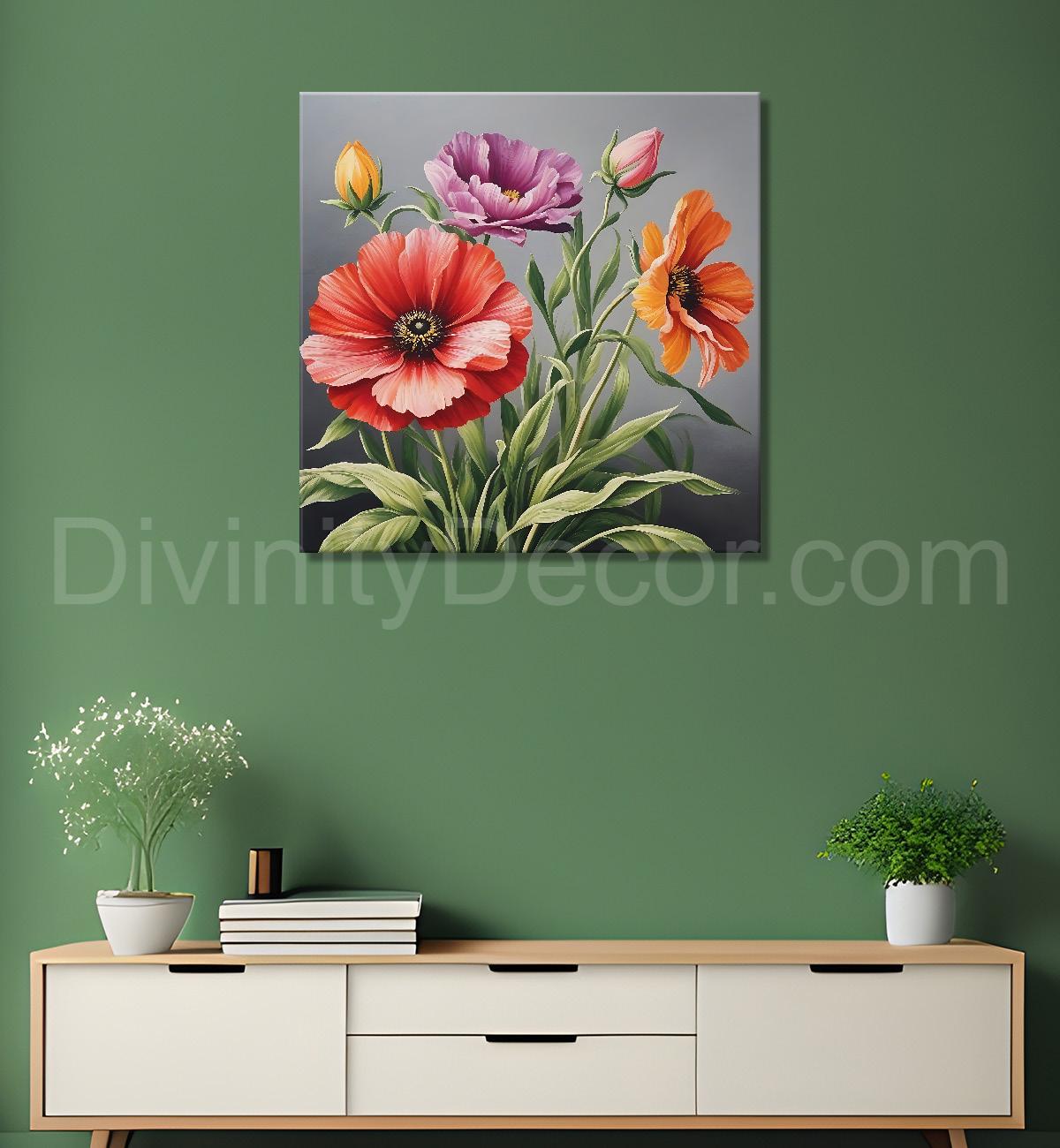 Orange and purple flowers in grey textured painting - Flower-S-157