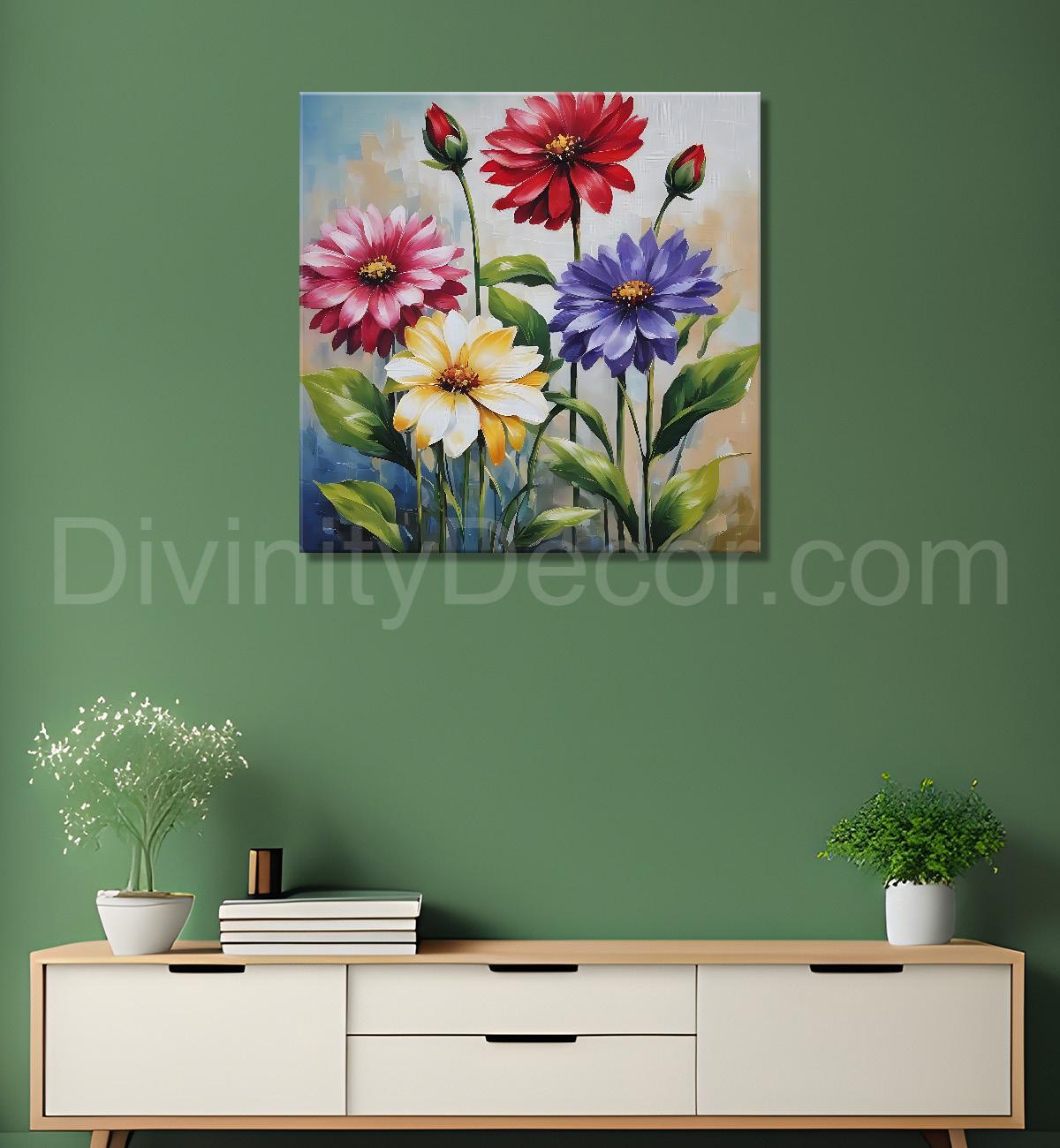 Colourful  flowers in grey textured painting - Flower-S-158