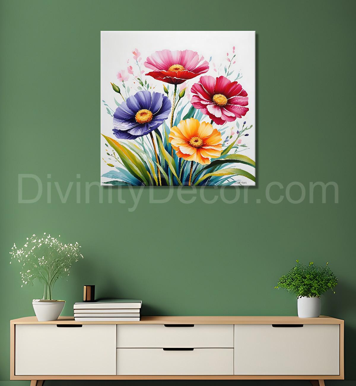 Colourful  flowers in white textured painting - Flower-S-159