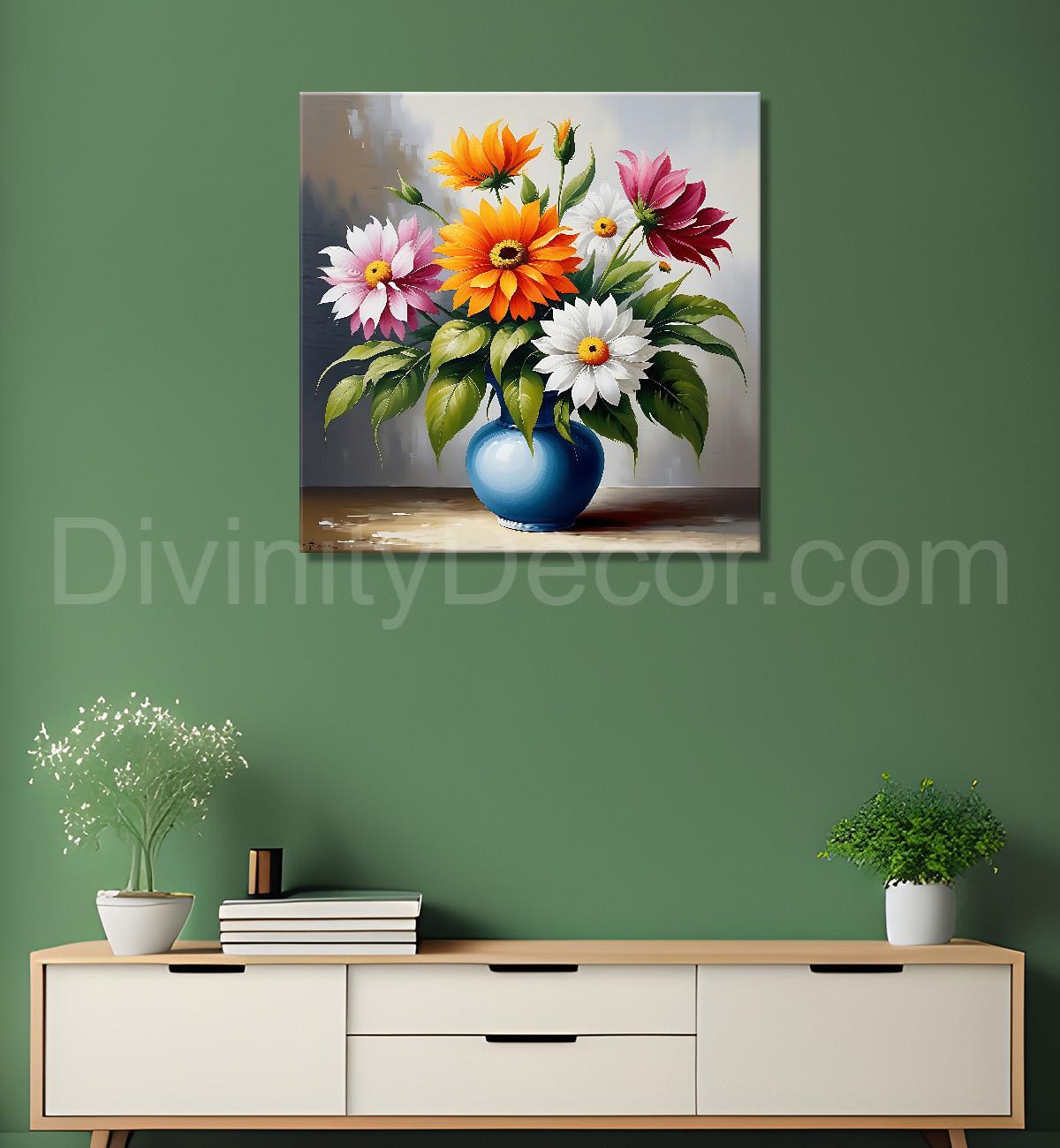 Colourful  flowers in a vas in grey textured painting - Flower-S-160