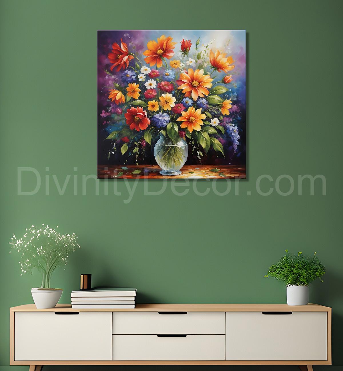 Colourful  flowers in a vas in dark textured painting - Flower-S-161