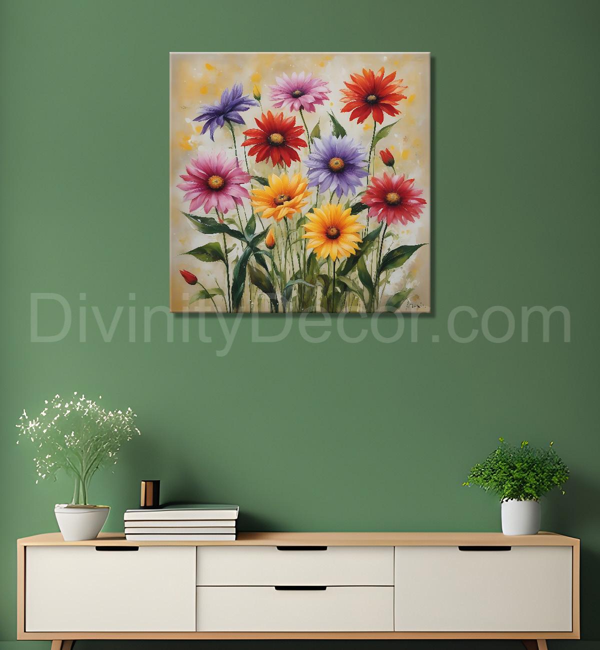 Colourful  flowers in light textured painting - Flower-S-162