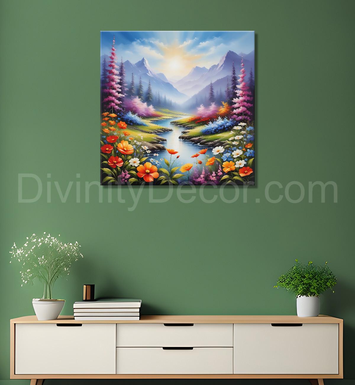 Mountains with pink trees and orange flowers with a lake textured painting - Flower-S-163