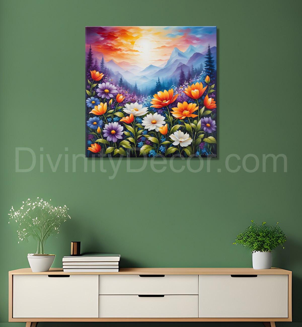Mountains with beautiful flowers textured painting- Flower-S-164