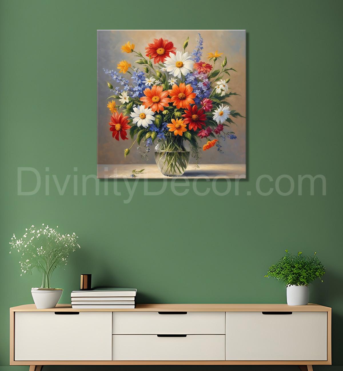 Colourful flowers in a vas in grey textured painting - Flower-S-165