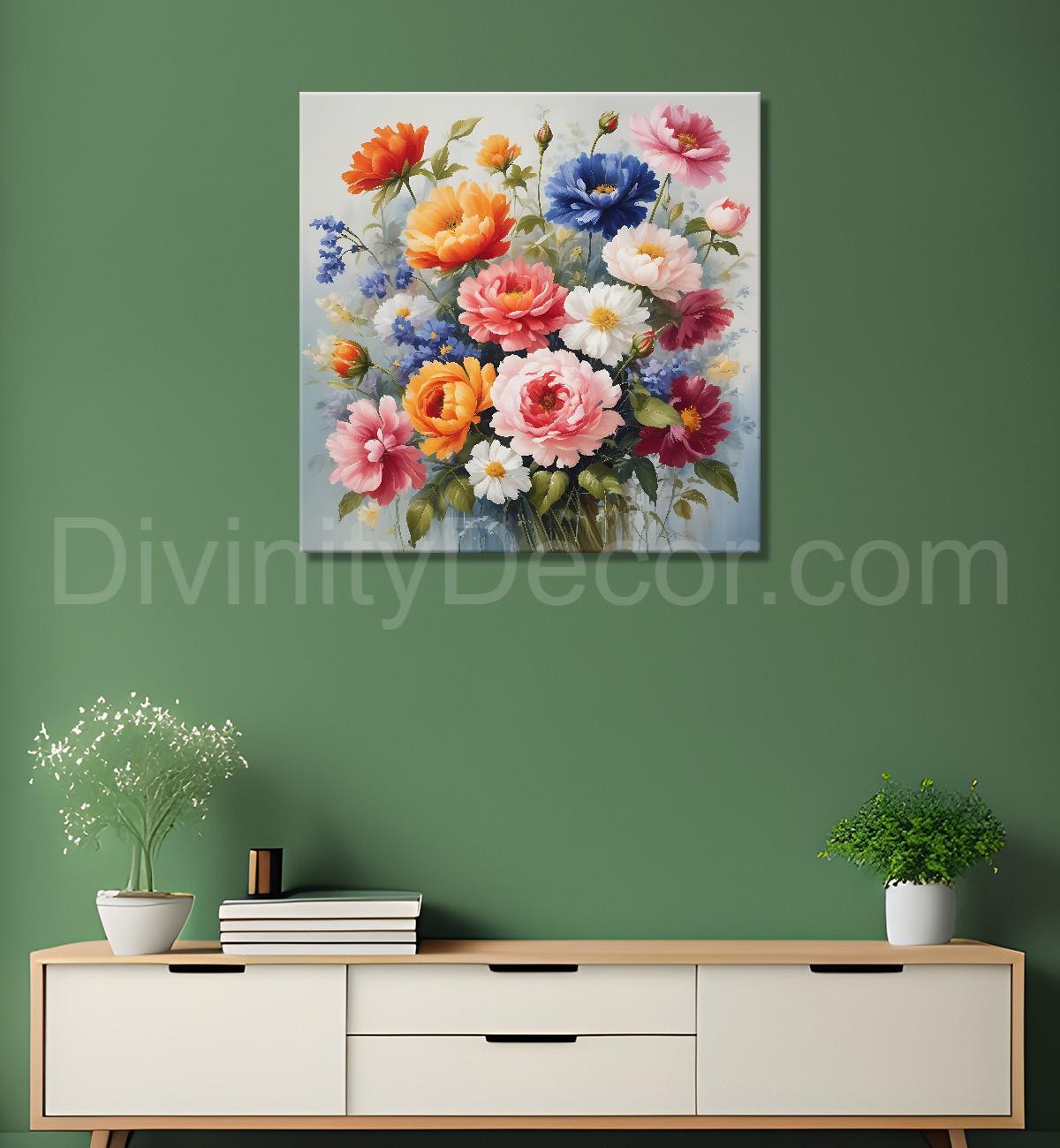 Colourful flowers in a vas in grey textured painting - Flower-S-166
