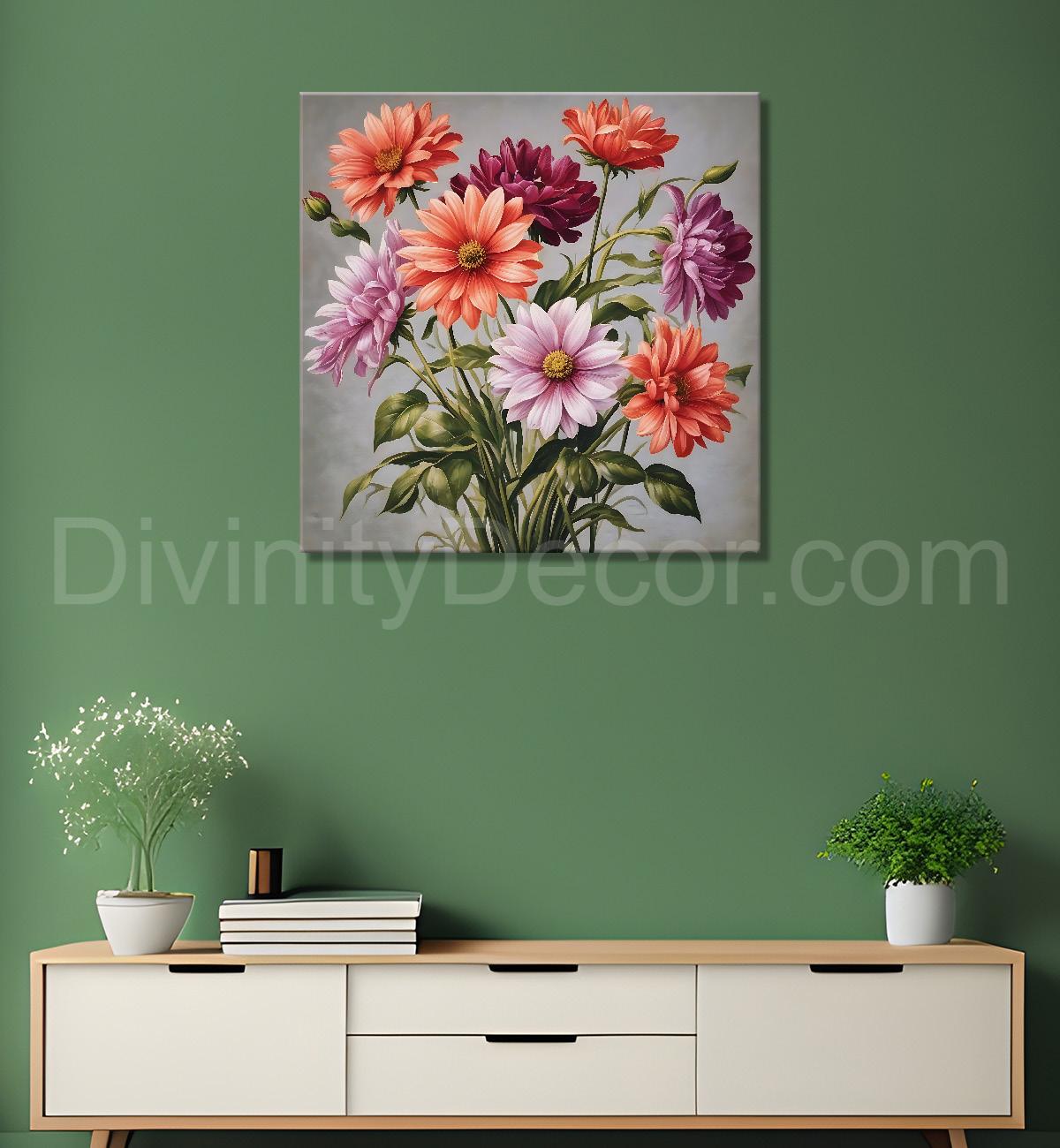 Colourful flowers in grey textured painting - Flower-S-167