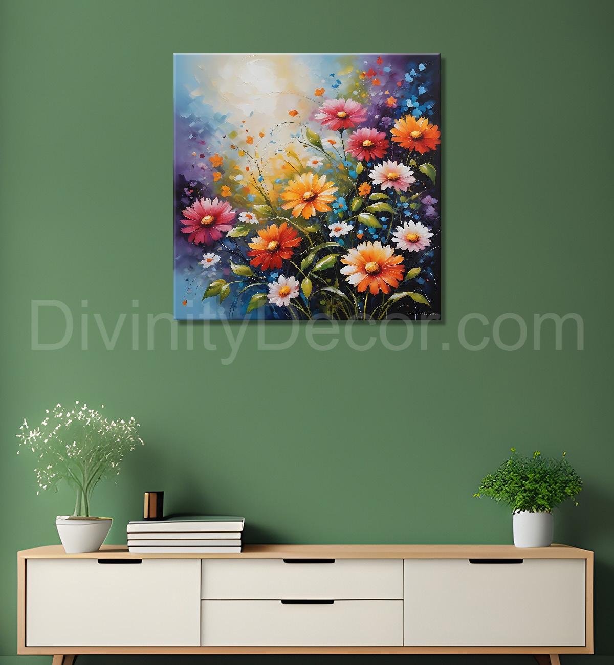 Colourful flowers in blue textured painting - Flower-S-168