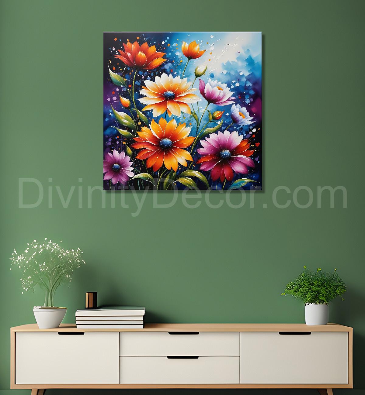 Colourful flowers in blue textured painting - Flower-S-169