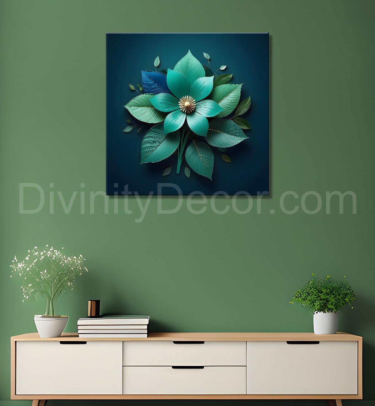 Green flower in dark green textured painting  - Flower-S-189