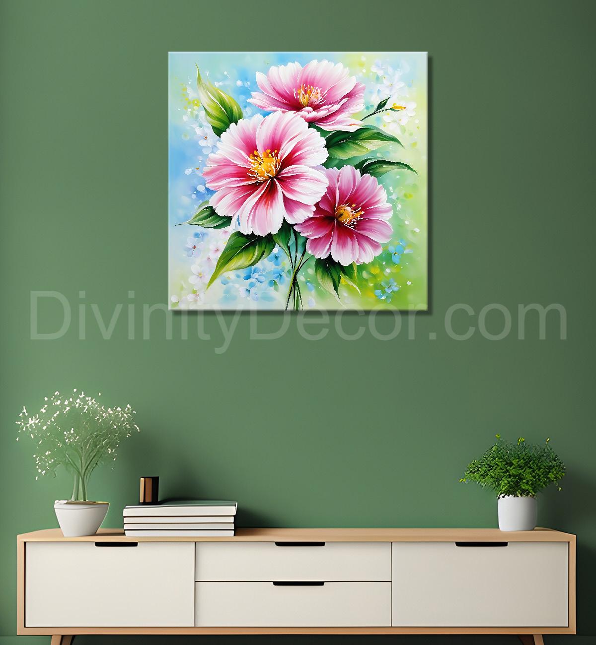 Pnk flowers in green textured painting - Flower-S-190