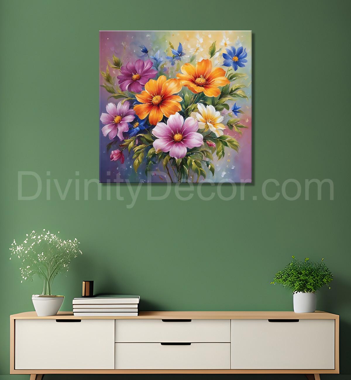 Colourful flowers in pink and grey background textured painting  - Flower-S-191