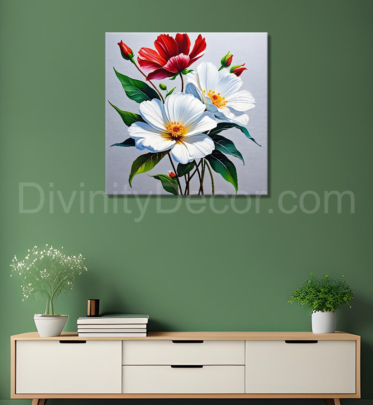 Red and white flowers in grey textured painting - Flower-S-192
