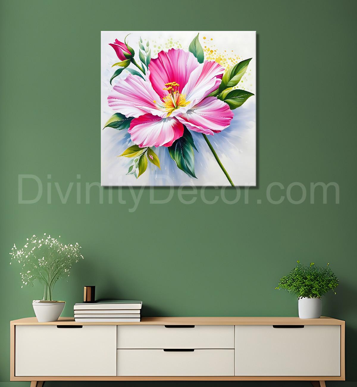 Pink flowers in grey textured painting - Flower-S-193