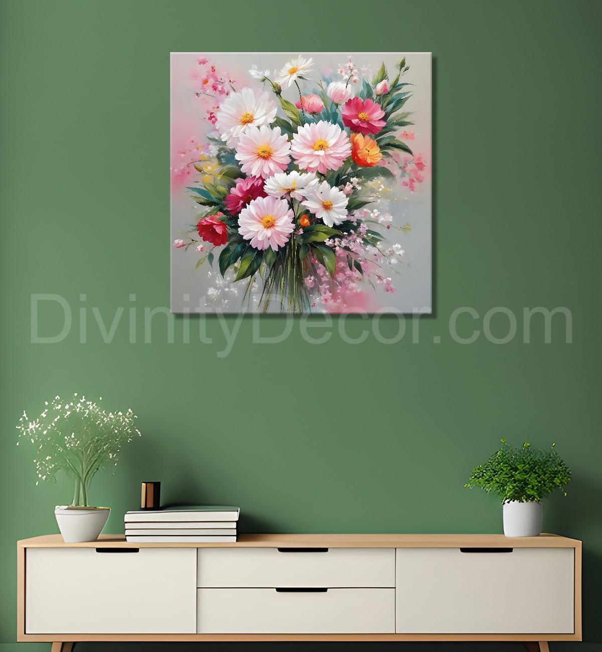 Colourful flowers in pink and grey background textured painting - Flower-S-194