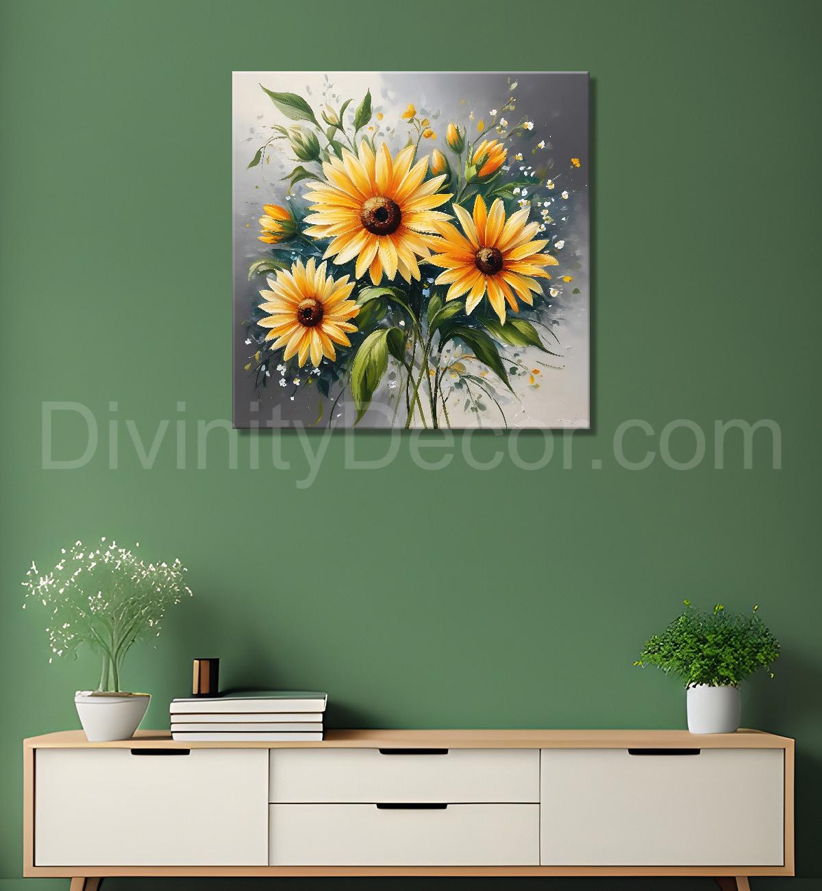 Sunflowers in grey textured painting - Flower-S-195