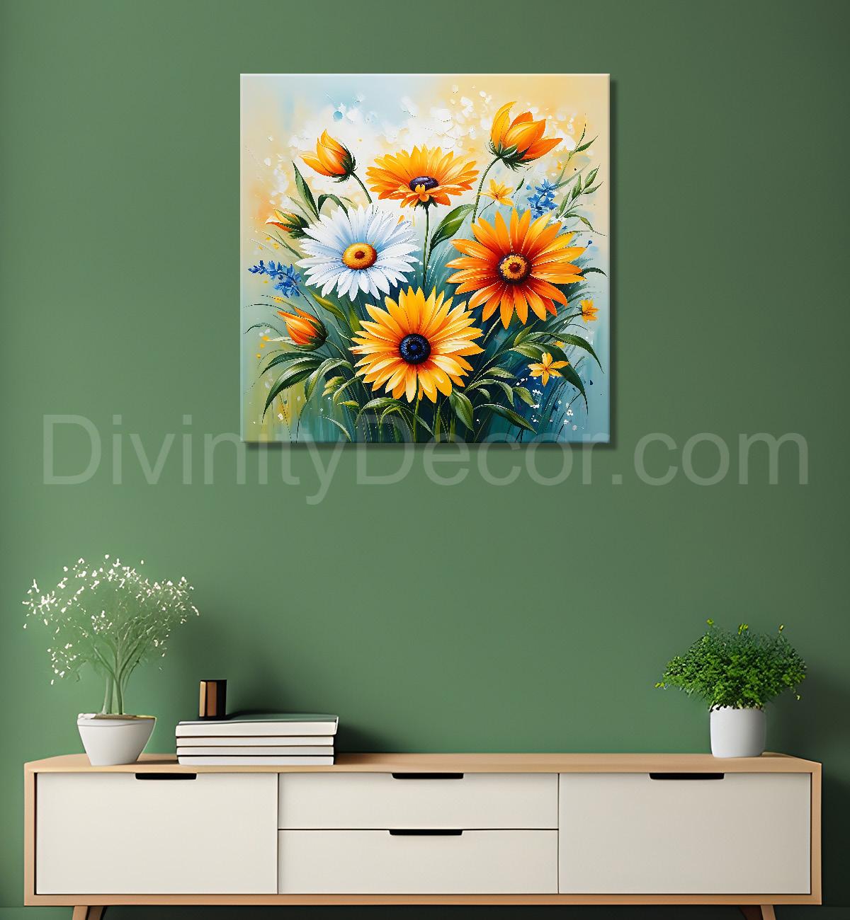 Sunflowers in blue and yellow textured painting - Flower-S-197