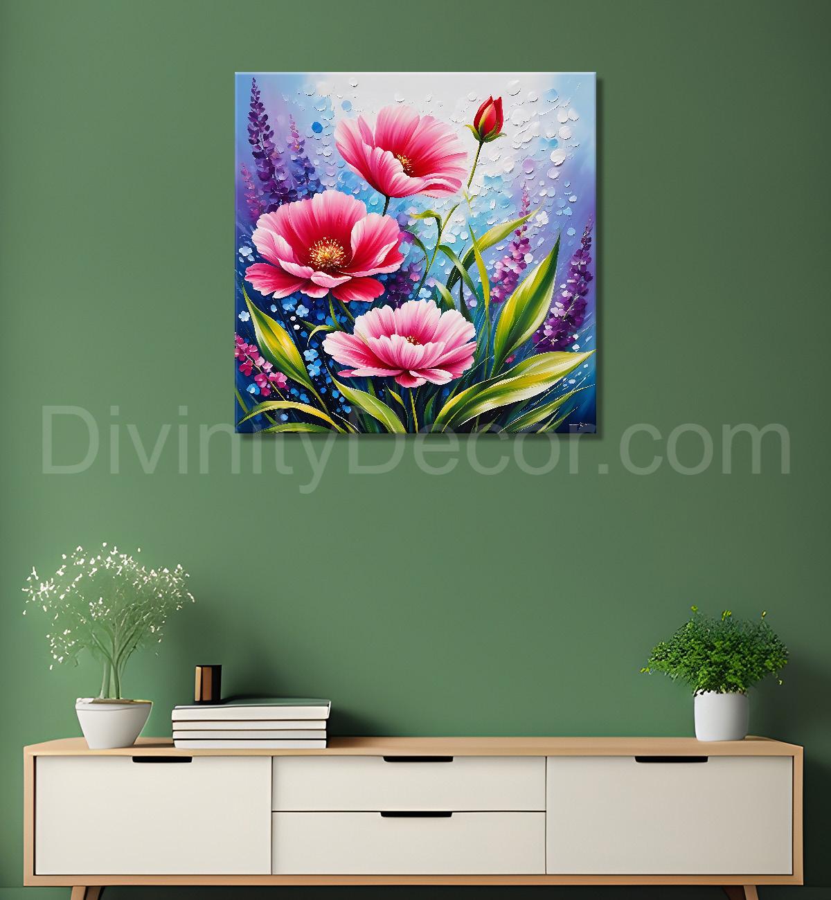 Pink flowers in blue background textured painting - Flower-S-198