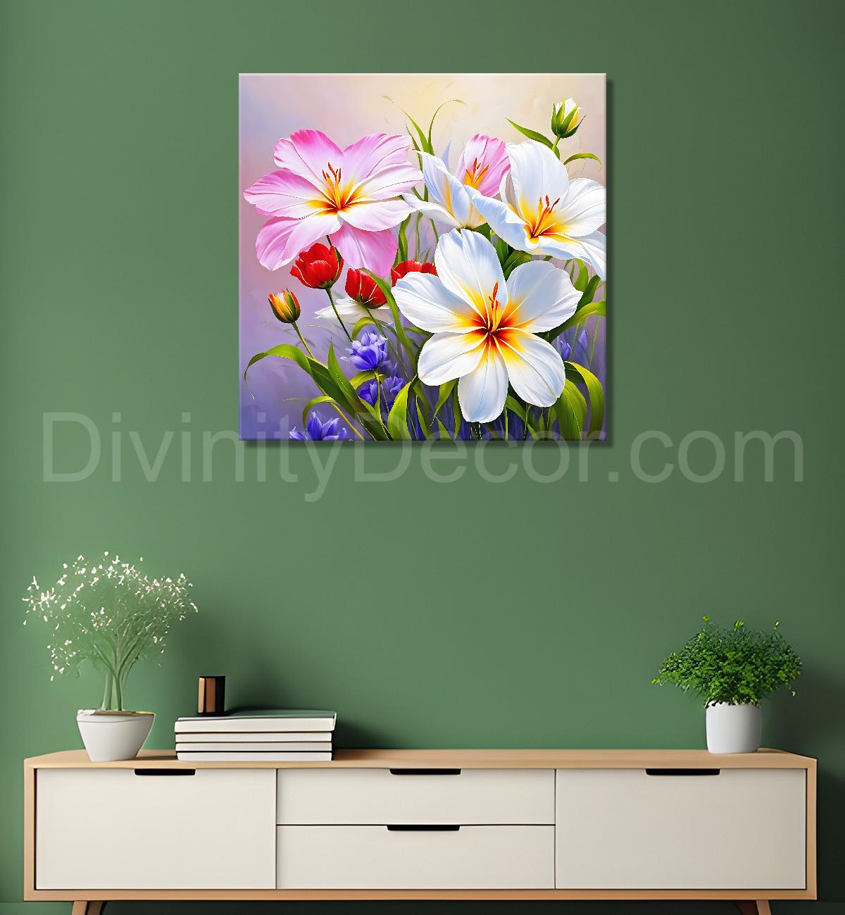 White and pink flowers in grey textured painting - Flower-S-199