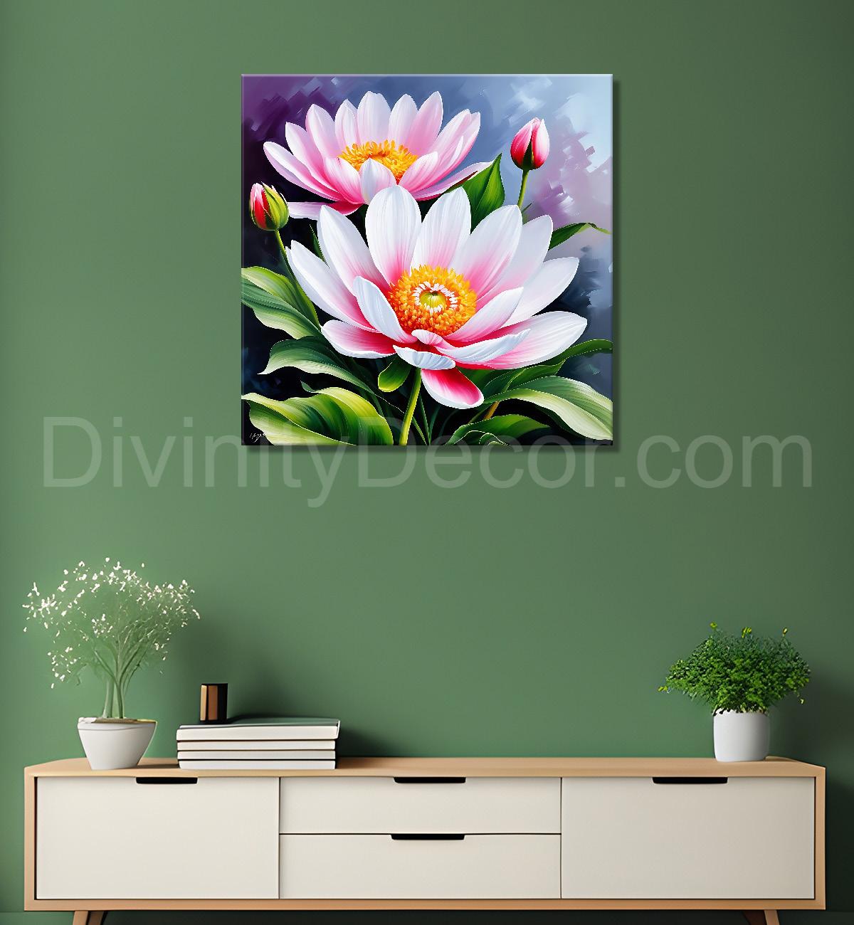 Pink flowers in blue background textured painting - Flower-S-203