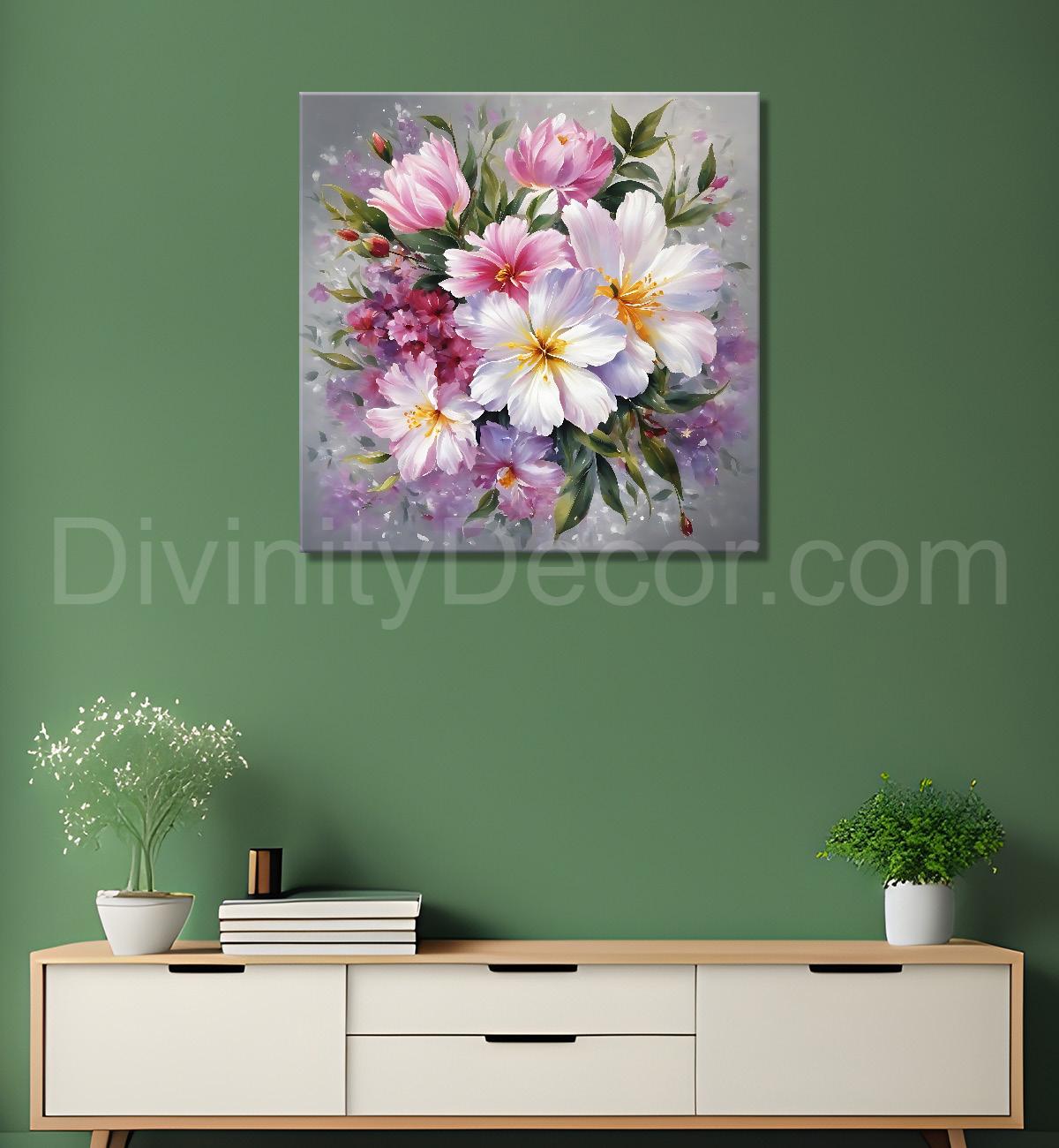 Pink and white flowers in grey textured painting - Flower-S-205