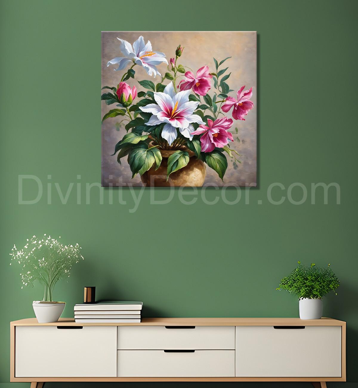 Pink and white flowers in light brown textured art - Flower-S-208