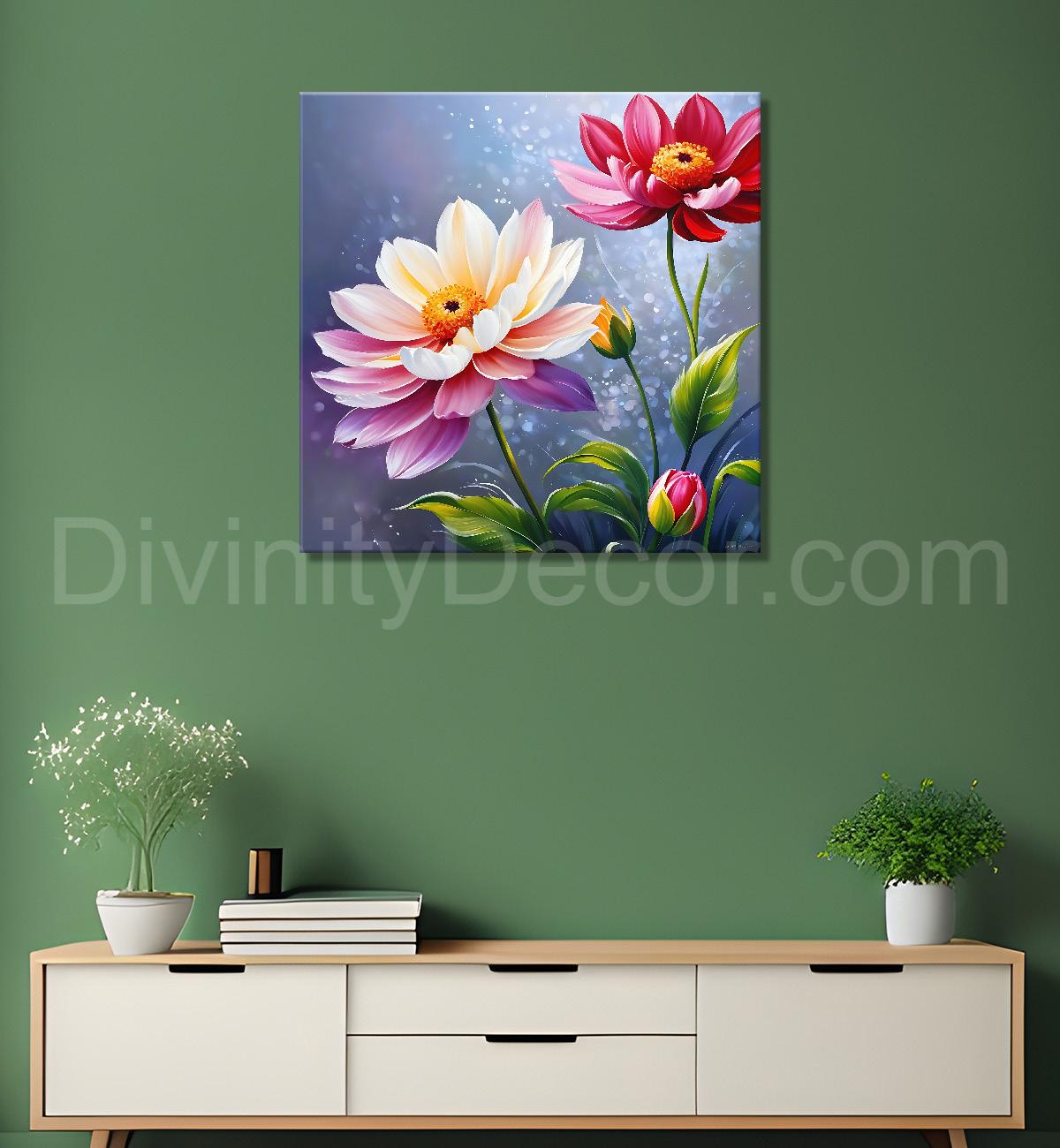 Pink flowers in grey textured painting - Flower-S-209