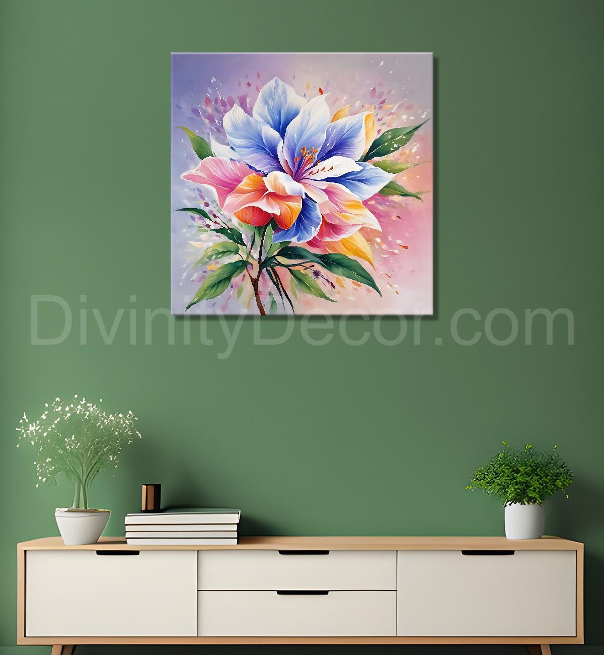 Blue and pink flowers textured painting - Flower-S-211