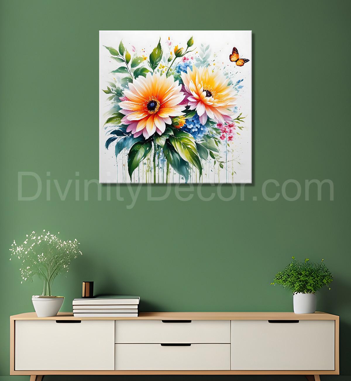 Orange flowers in grey textured painting - Flower-S-212