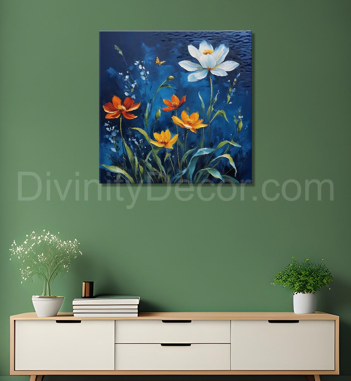 White and orange flowers in navy blue painting - Flower-S-215