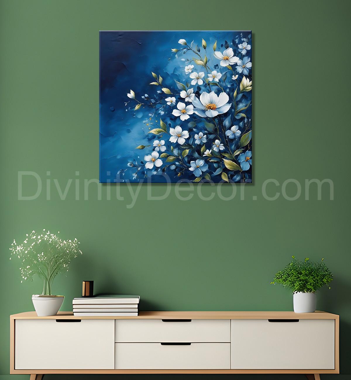 White flowers in navy blue textured painting - Flower-S-216