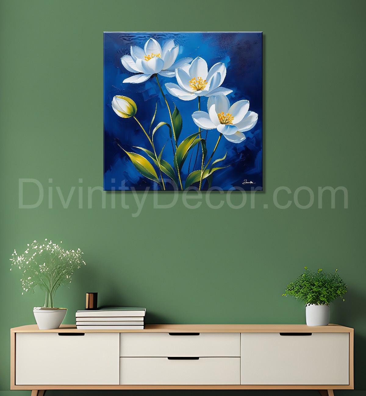 White flowers in navy blue textured painting - Flower-S-218