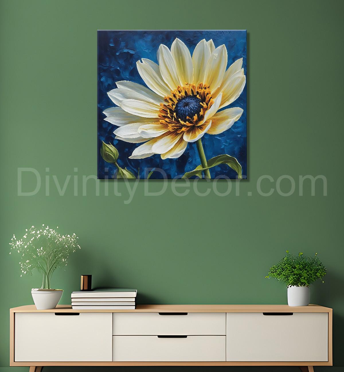 White flower in navy blue textured painting - Flower-S-219