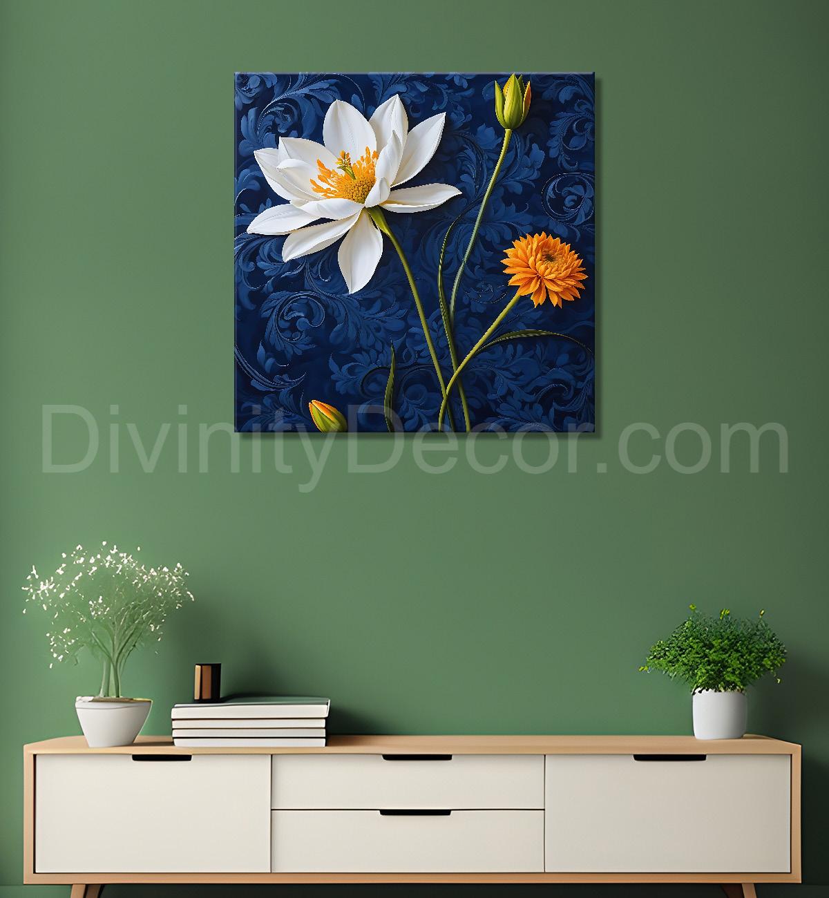 White flower in navy blue textured painting - Flower-S-220